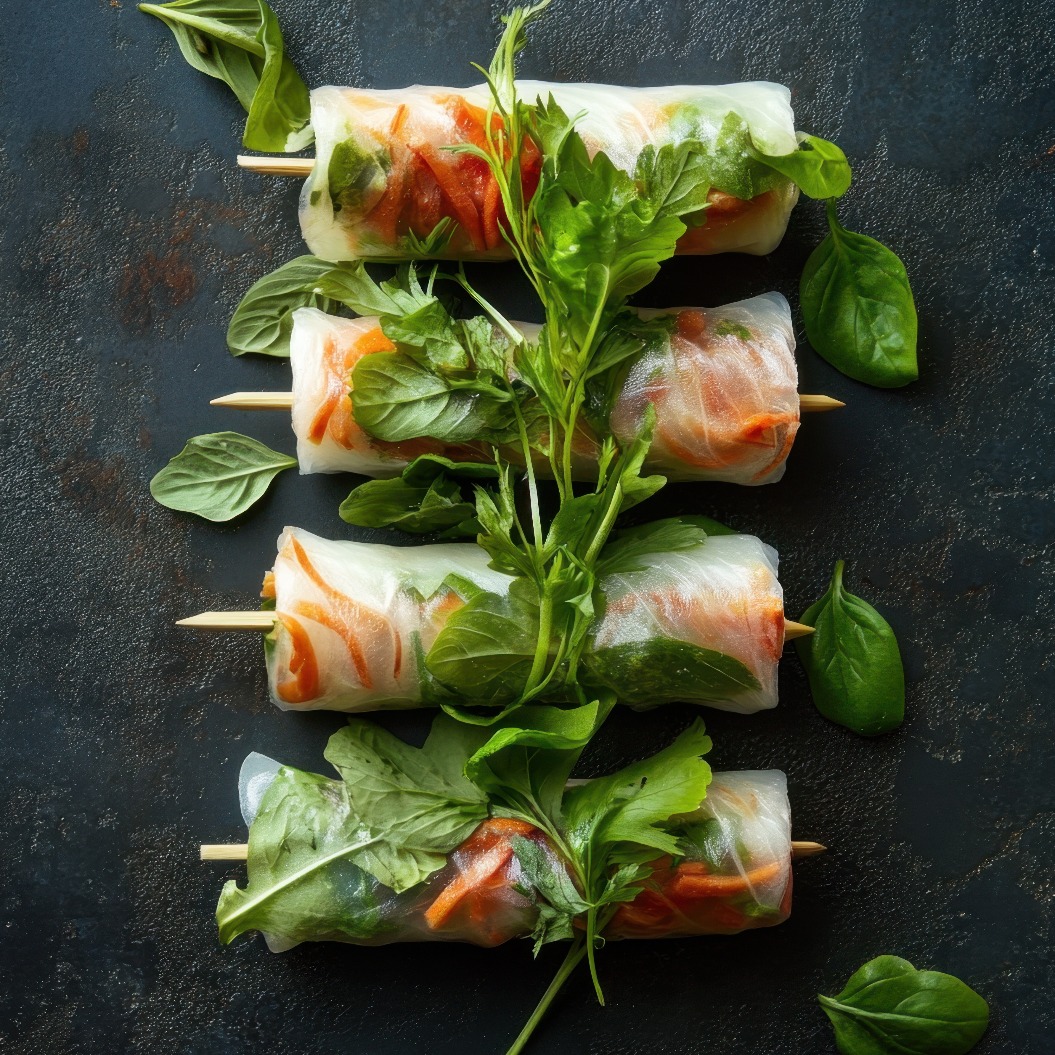 Frische vietnamesische Frühlingsrollen mit Garnelen und Kräutern auf rustikalem dunklem Hintergrund