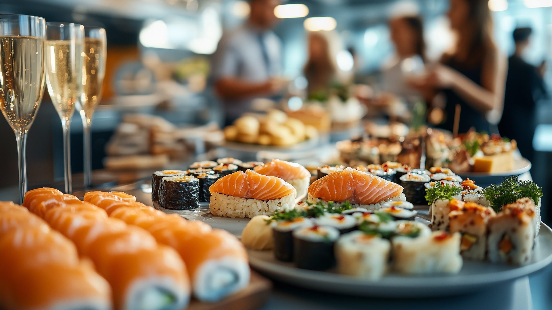 Ein lebhafter Sushi-Aufstrich mit verschiedenen Rollen und Sashimi bei einem geselligen Beisammensein in den Abendstunden