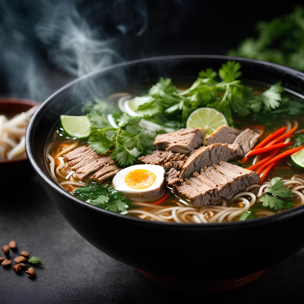 Pho Bo vietnamesische Suppe mit Rindfleisch und Reisnudeln in einer Schüssel auf dunklem Hintergrund. Kommerzielles Werbefoto für Lebensmittel