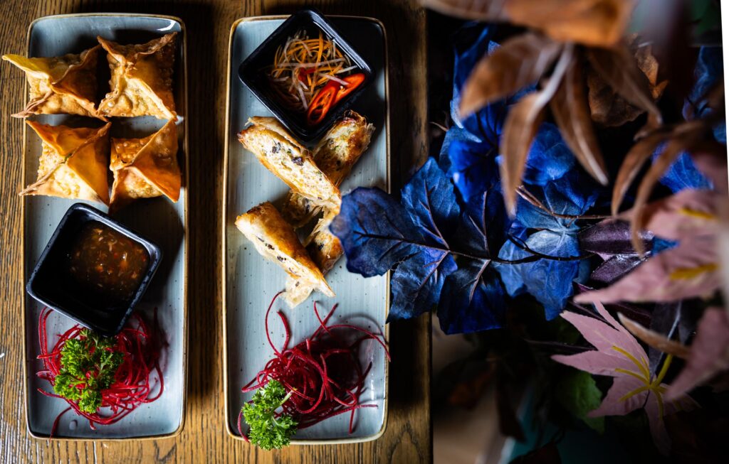 Zwei längliche Teller mit gebackenen Teigtaschen, Frühlingsrollen und buntem Gemüse